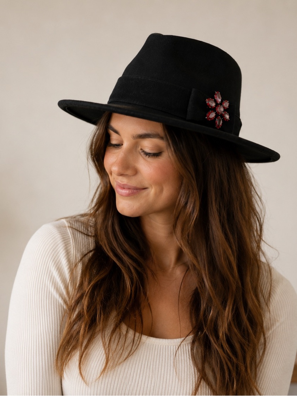 Vintage 100% Wool Black Wide Brim Fedora Hat Red Rhinestone Brooch Western Boho